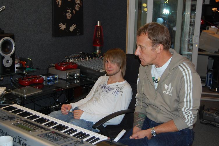 Ash and Steve listening to play back (Ash - top engineer with a big future)